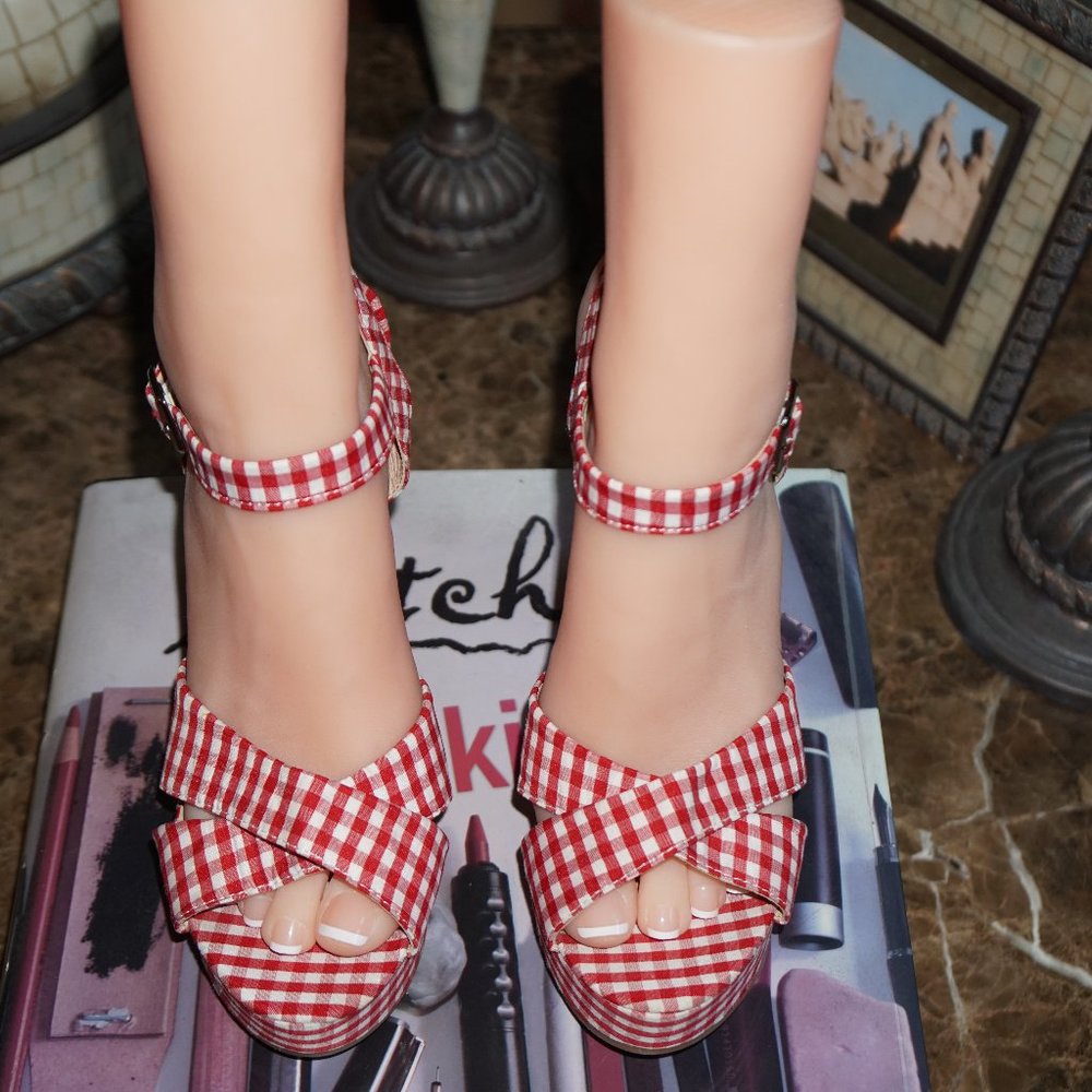 Rue21 etc! Fashion Gingham Open Toe Heel Sz 7/8M - Picture 5 of 16